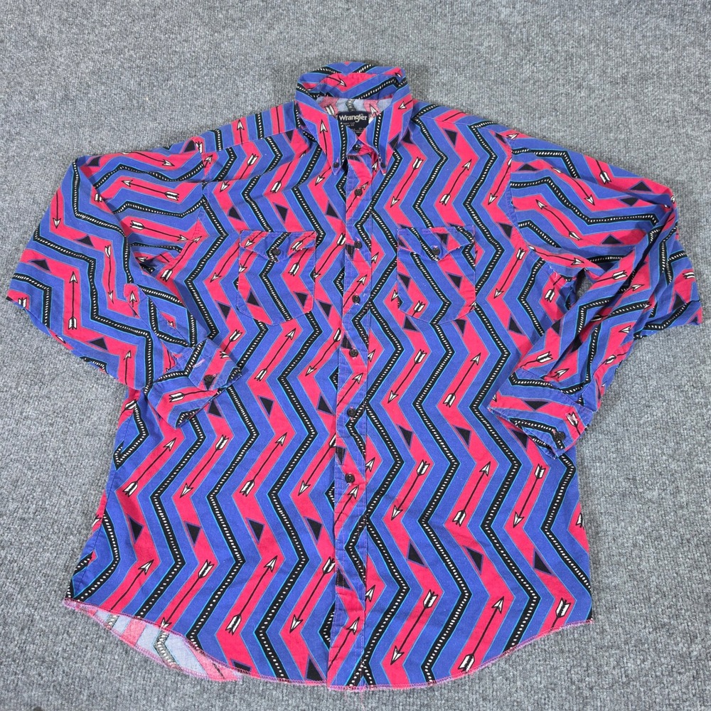 Wrangler Cowboy Cut Western Shirt Mens 17-35 Blue Pink Aztec Arrow Geometric